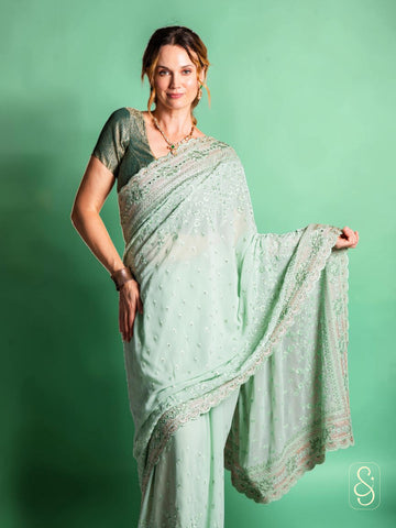 Elegant Green Embroidered Saree