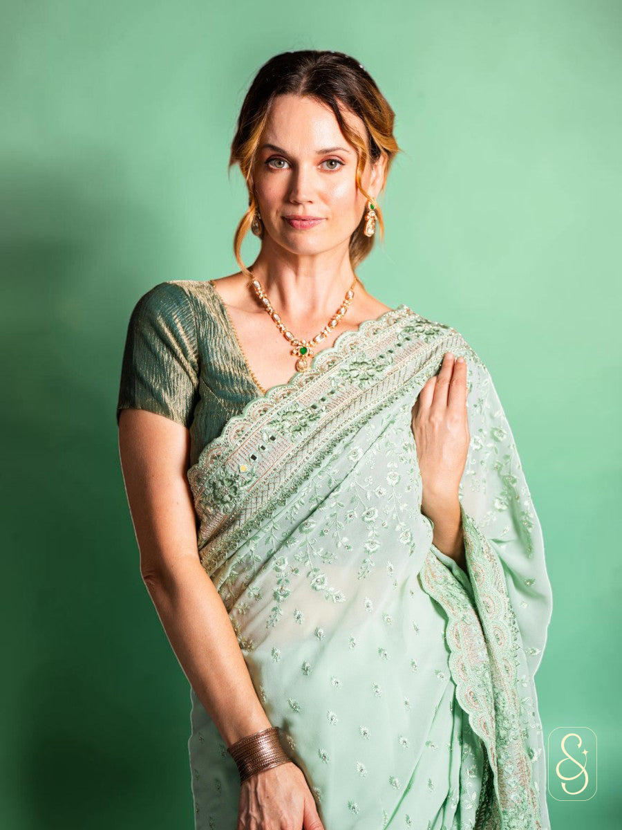 Elegant Green Embroidered Saree
