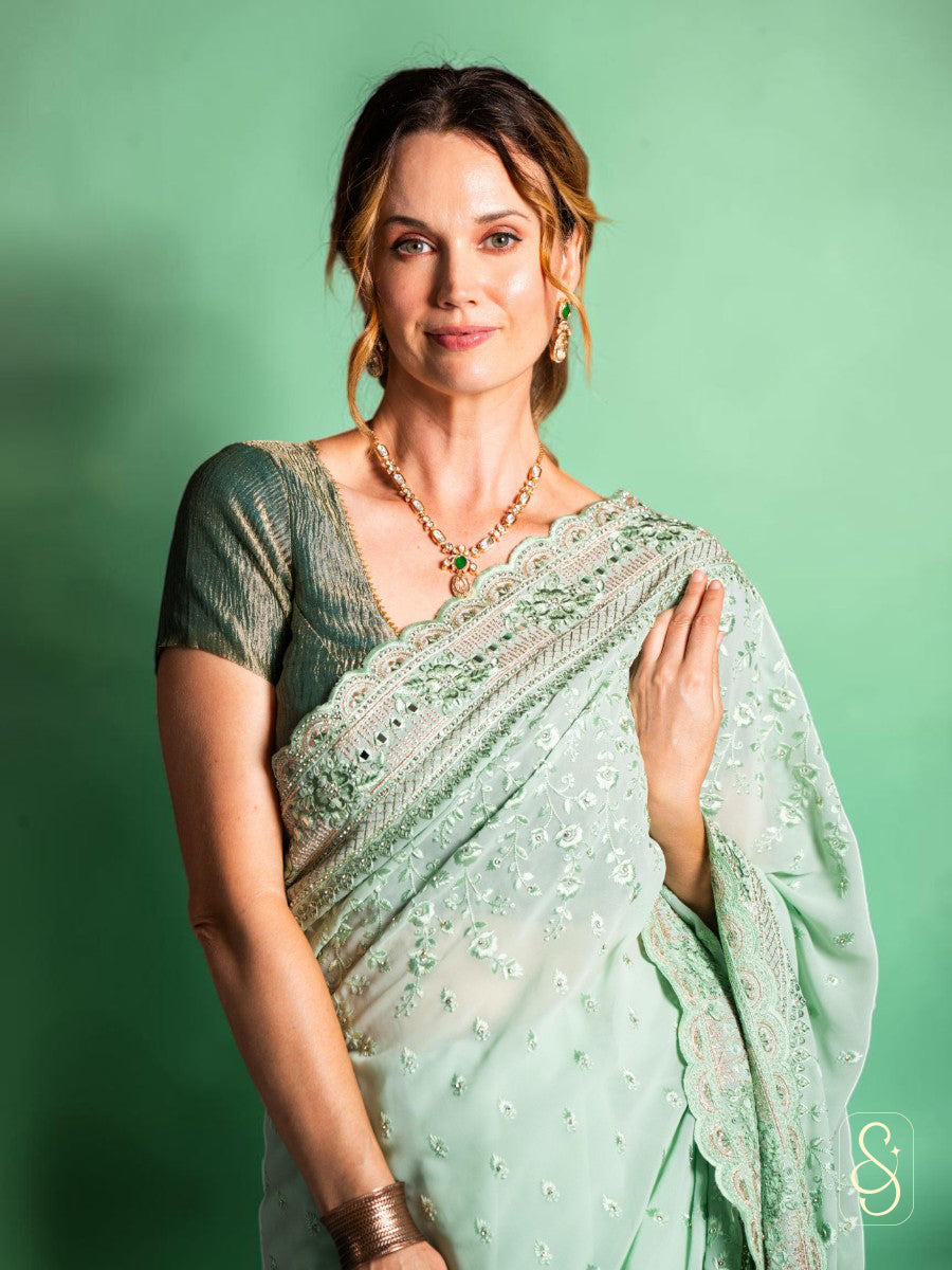 Elegant Green Embroidered Saree