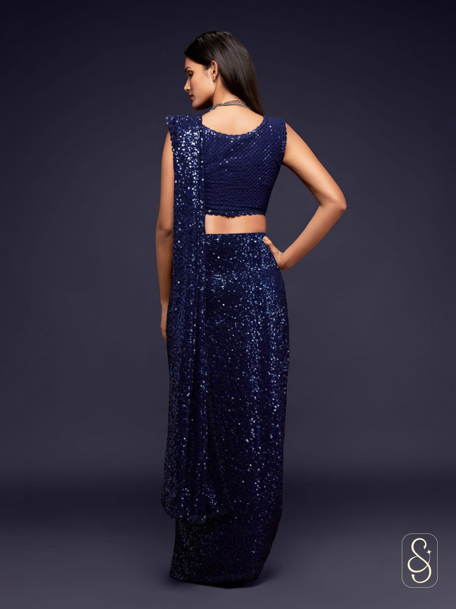 Midnight Sapphire Sparkle Drape Saree