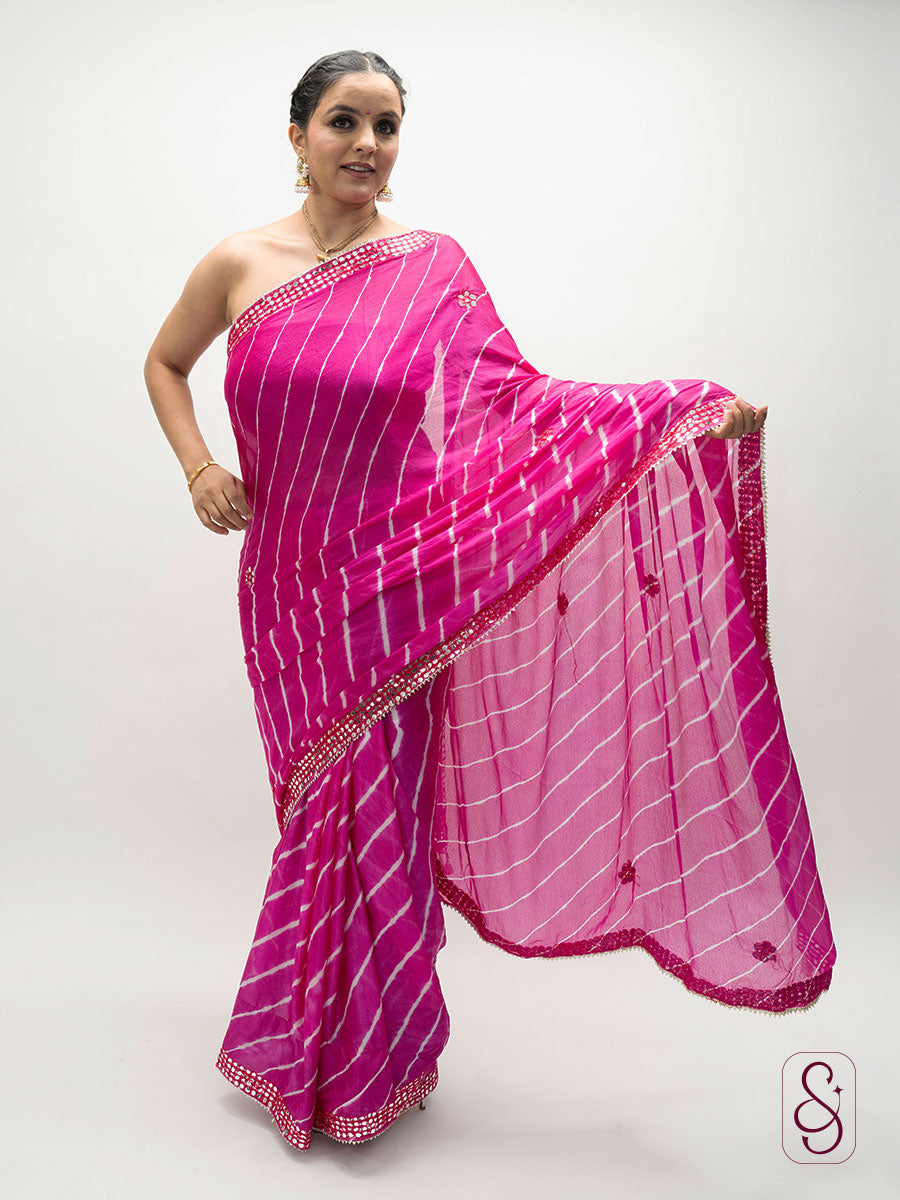 Hot Pink Jaipuri bandhej print saree