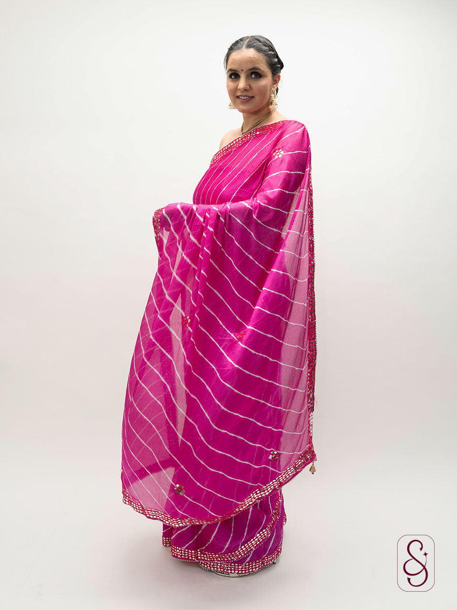 Hot Pink Jaipuri bandhej print saree