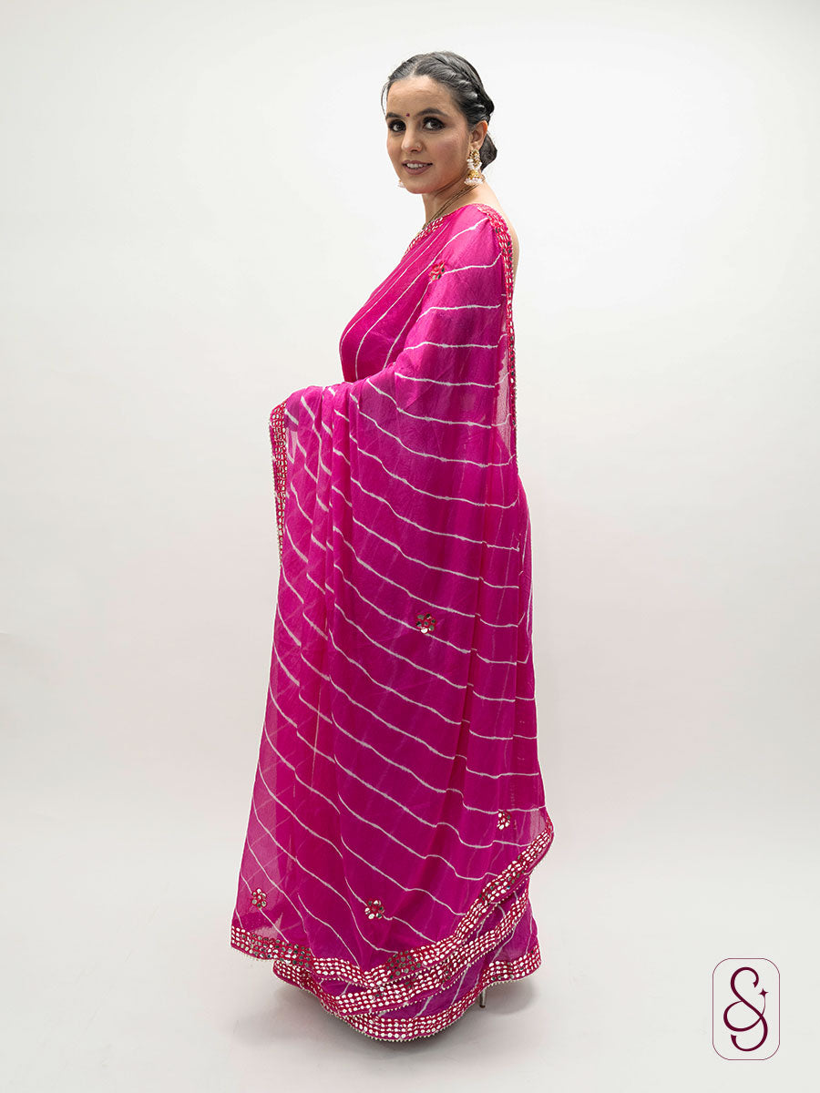 Hot Pink Jaipuri bandhej print saree