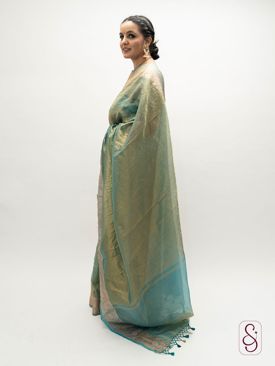 Green  Banarsi Tissue silk cairy design double boader saree