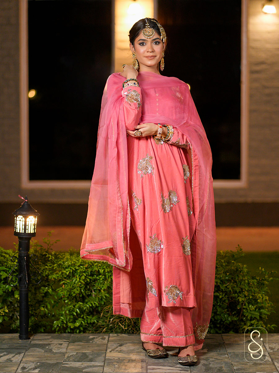 Dark Peach Velvet Embroidered Suit