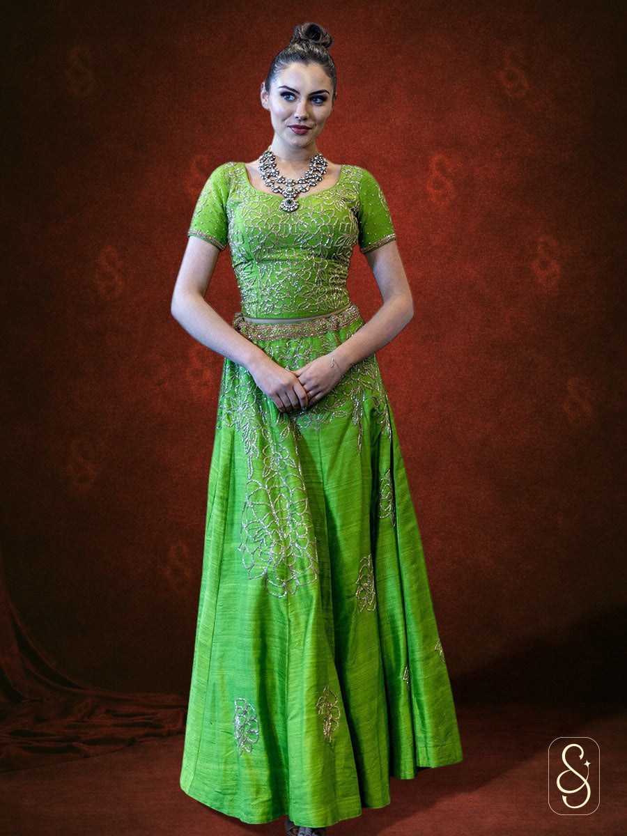 Raw Silk Bugle Beads Lehenga