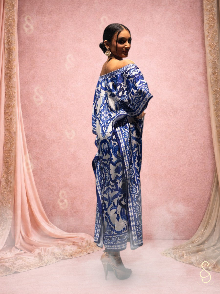 Elegant Blue and White Printed Off-Shoulder Kaftan Dress