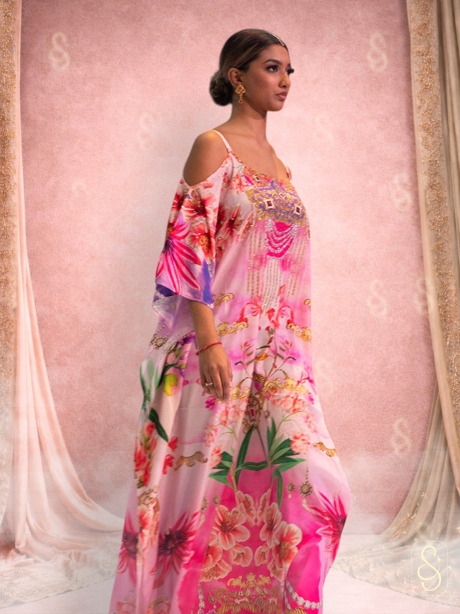 Elegant Pink Cold Shoulder Kaftan