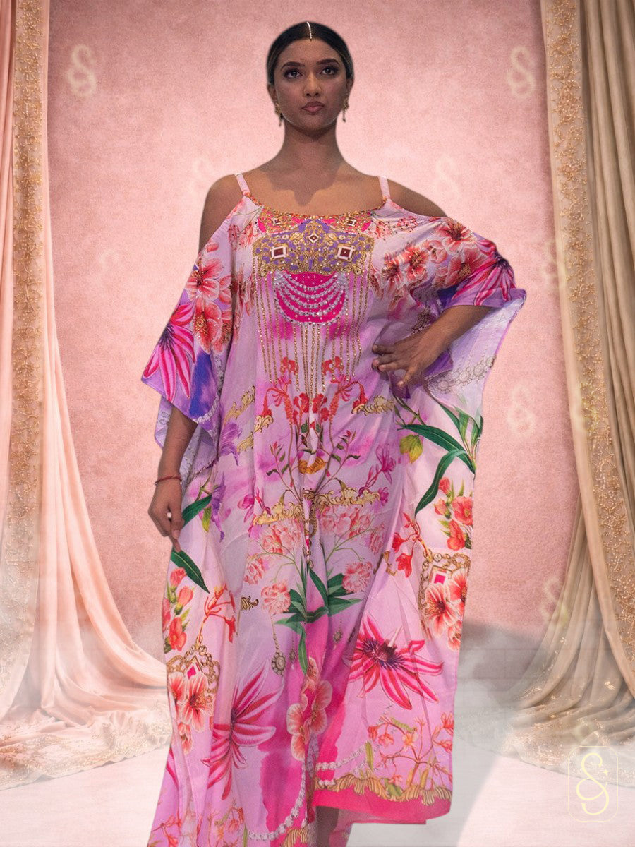 Elegant Pink Cold Shoulder Kaftan