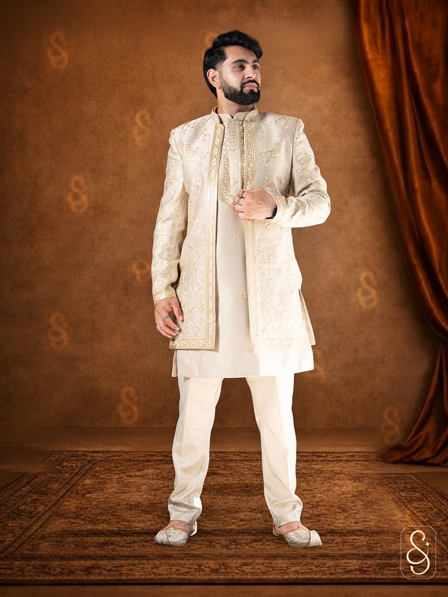 Embroidered Beige Fusion Wear