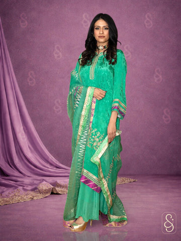 Embroidered Crepe Sharara Suit with Organza Dupatta