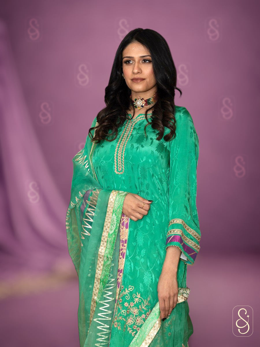Embroidered Crepe Sharara Suit with Organza Dupatta