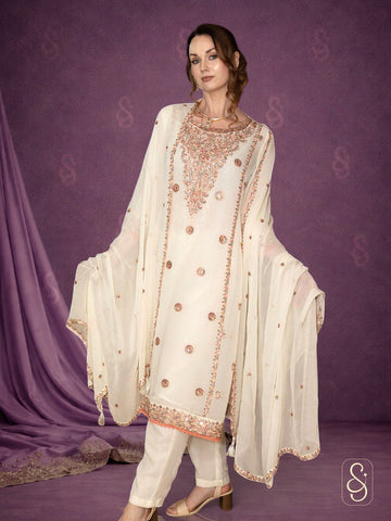 Embroidered Georgette Pant Suit with Dupatta white