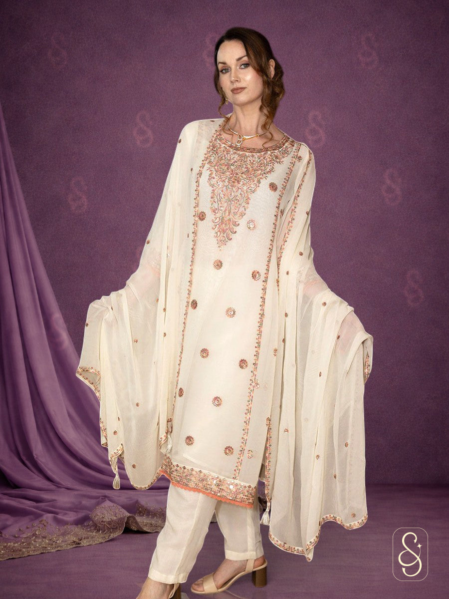 Embroidered Georgette Pant Suit with Dupatta white