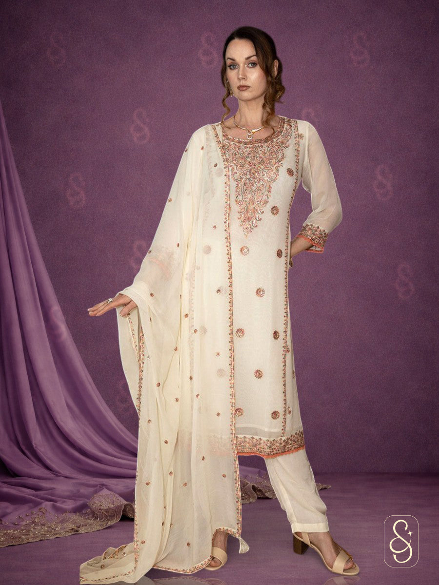 Embroidered Georgette Pant Suit with Dupatta white