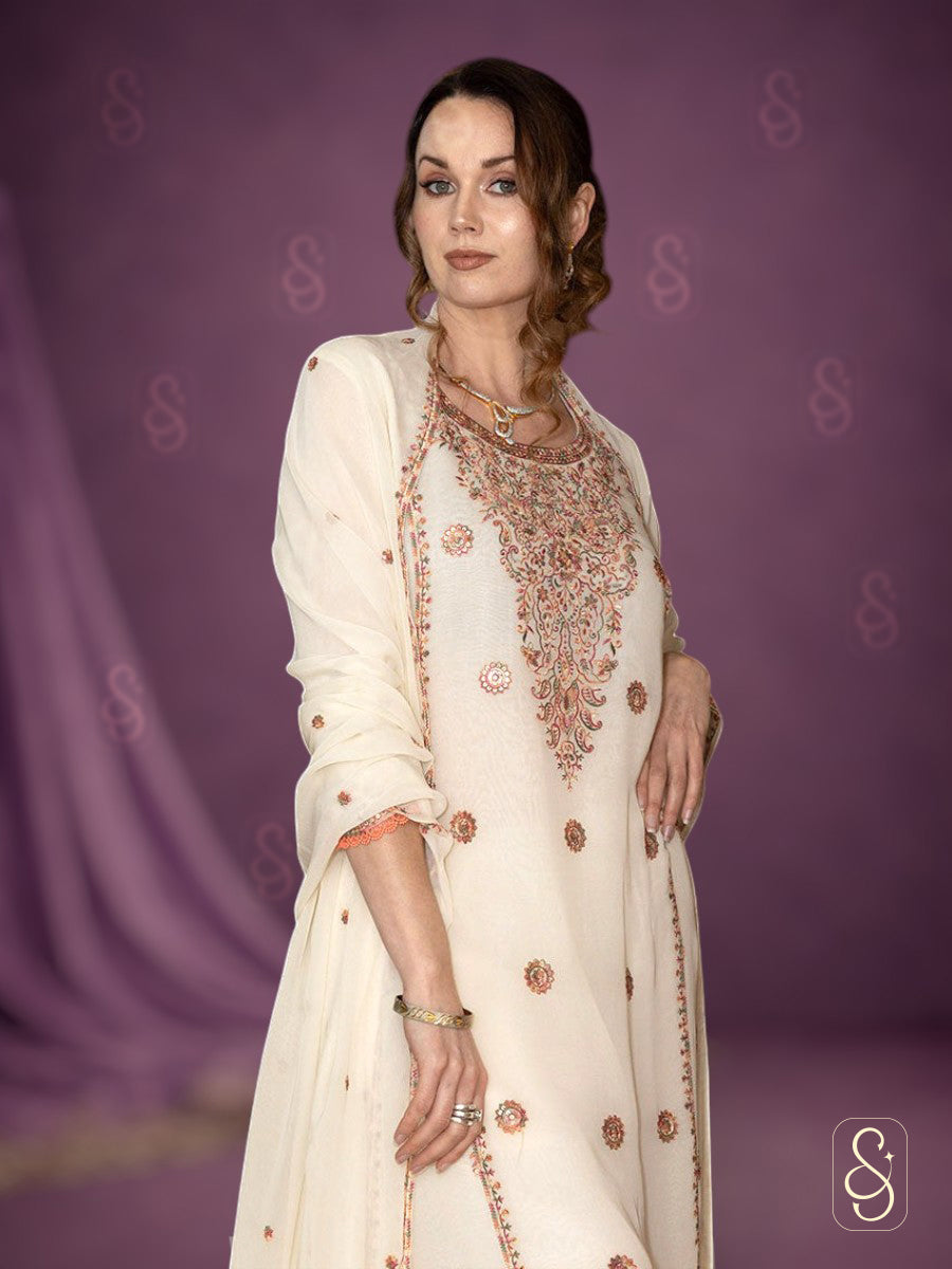 Embroidered Georgette Pant Suit with Dupatta white