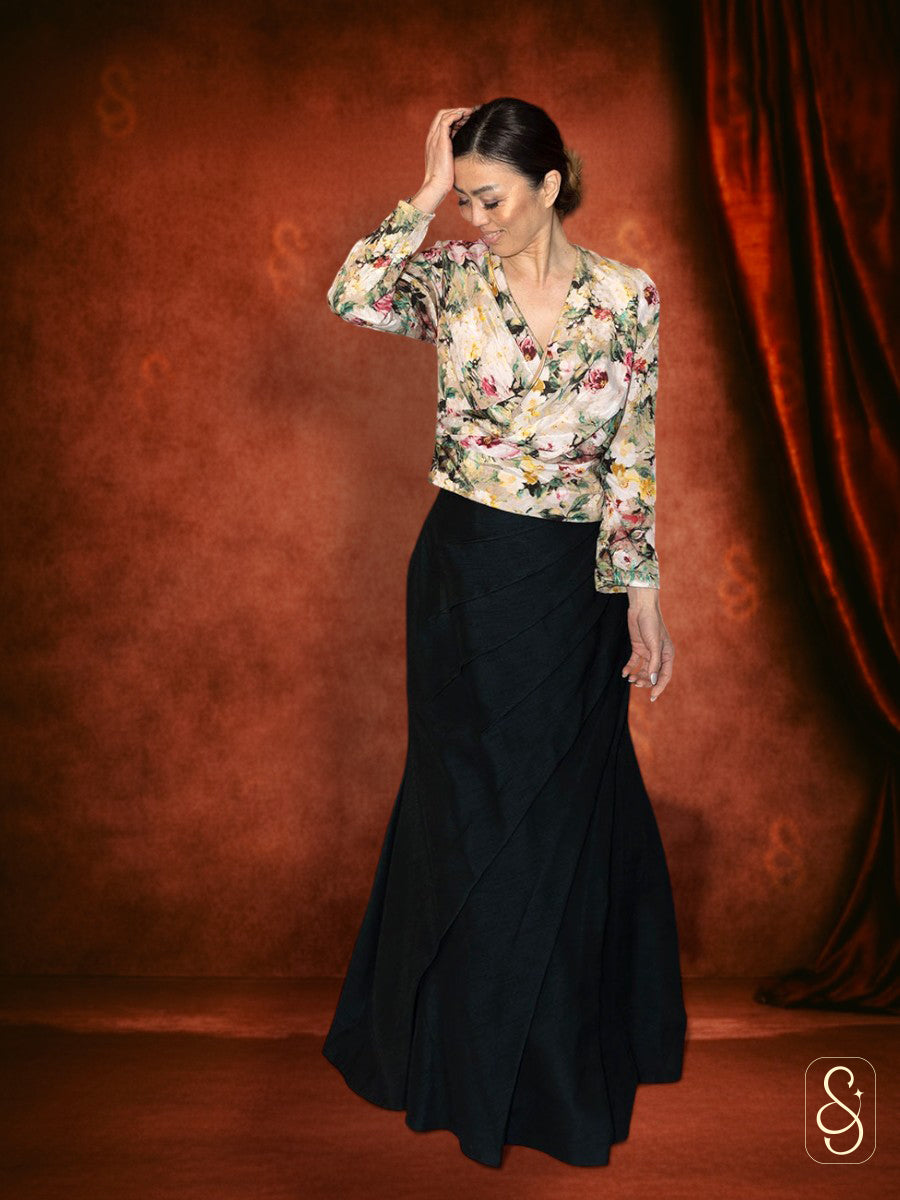 Fish Cut Skirt Printed Top in Raw Silk