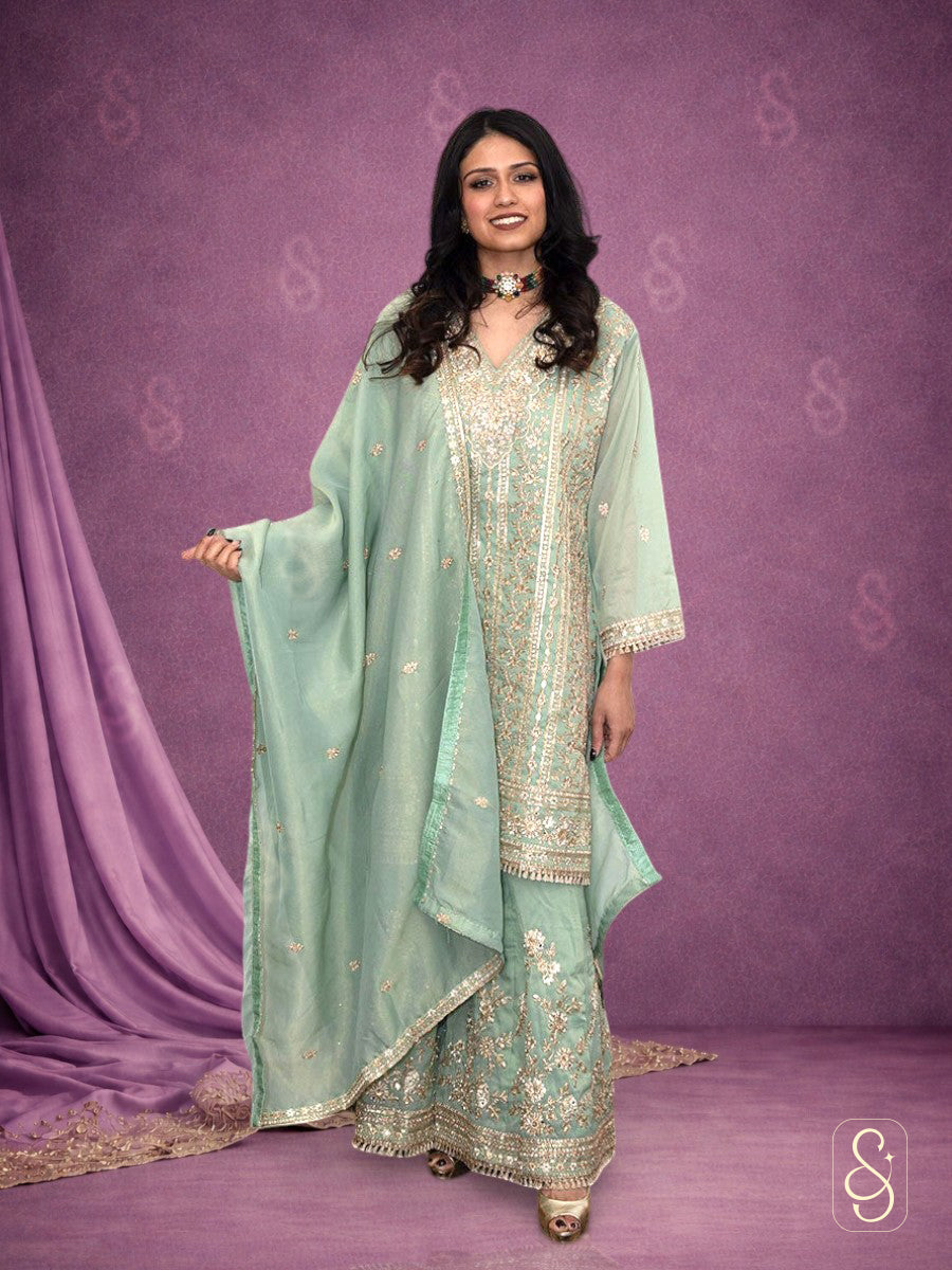 Fully Embroidered Viscose Tissue Sharara Suit