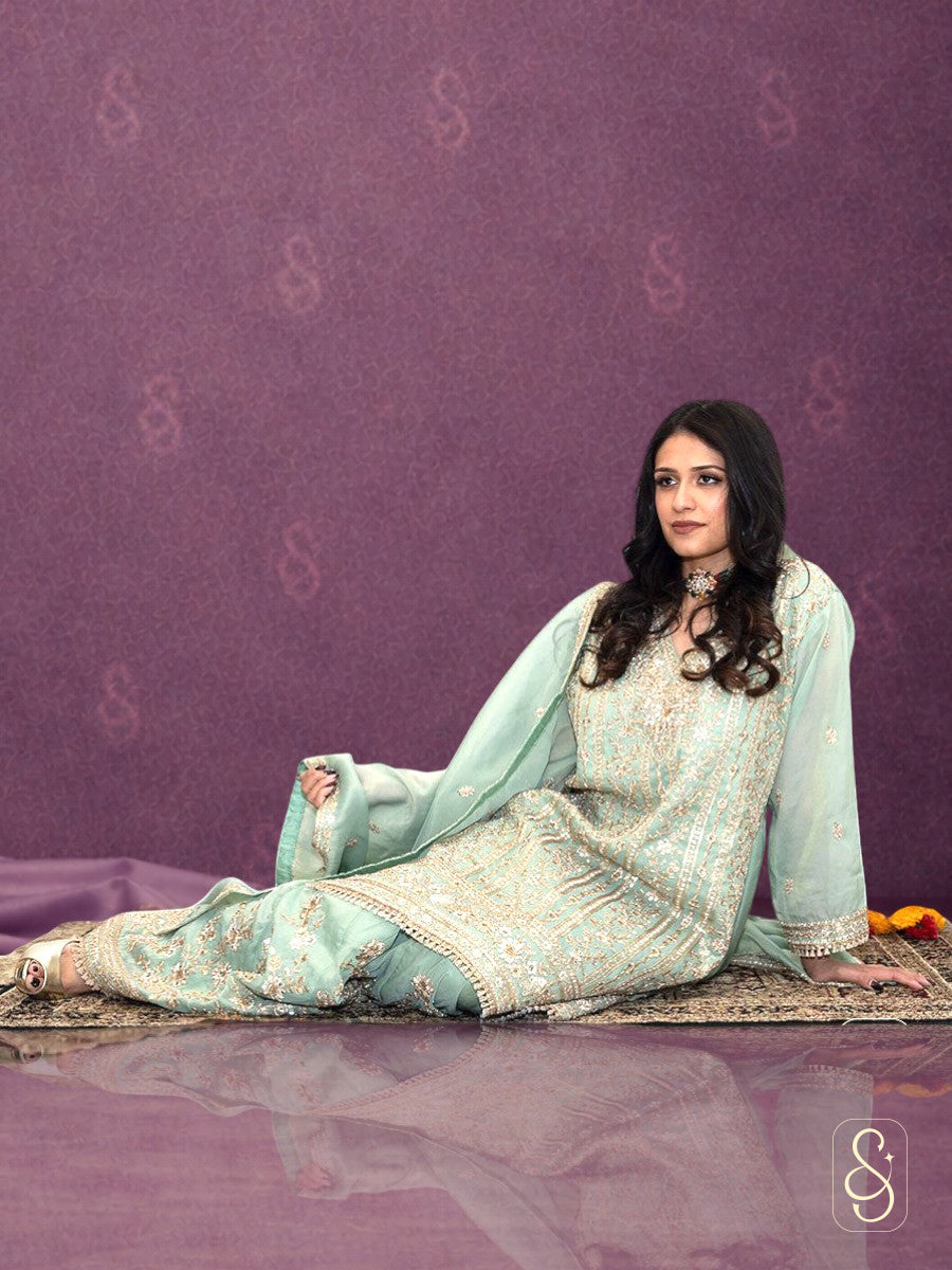 Fully Embroidered Viscose Tissue Sharara Suit