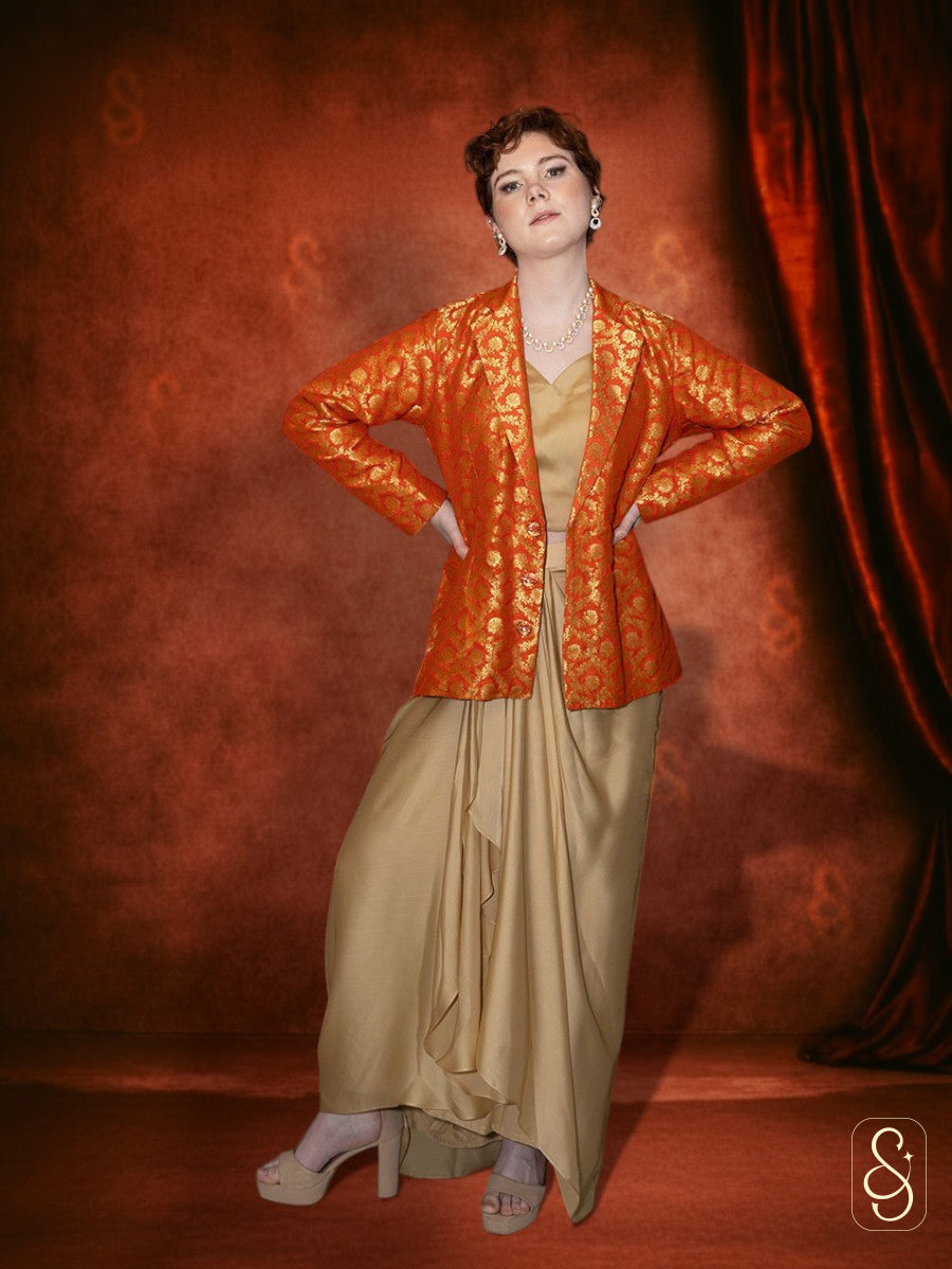 Golden Drape Skirt and Top with Orange Banarasi Coat