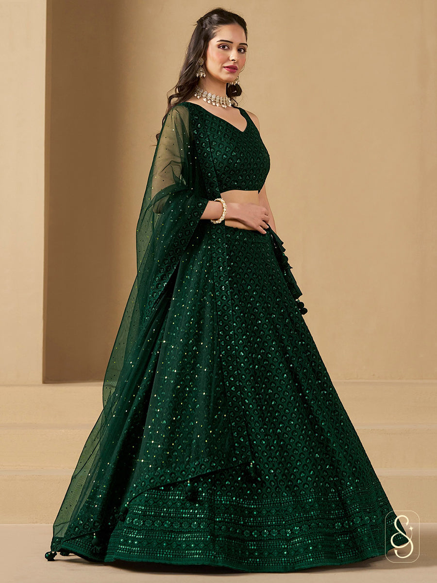 Emerald Georgette Embroidered Lehenga