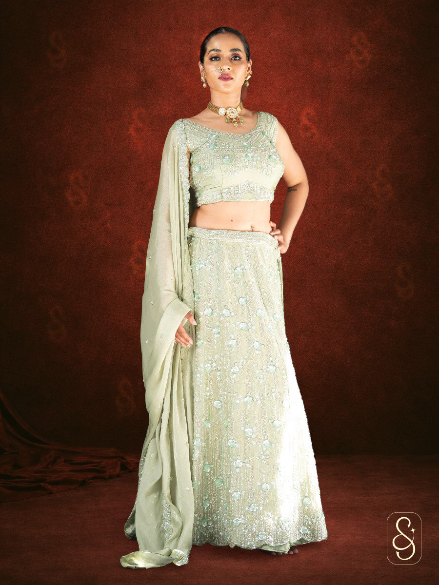 Green Tissue Silk Lehenga