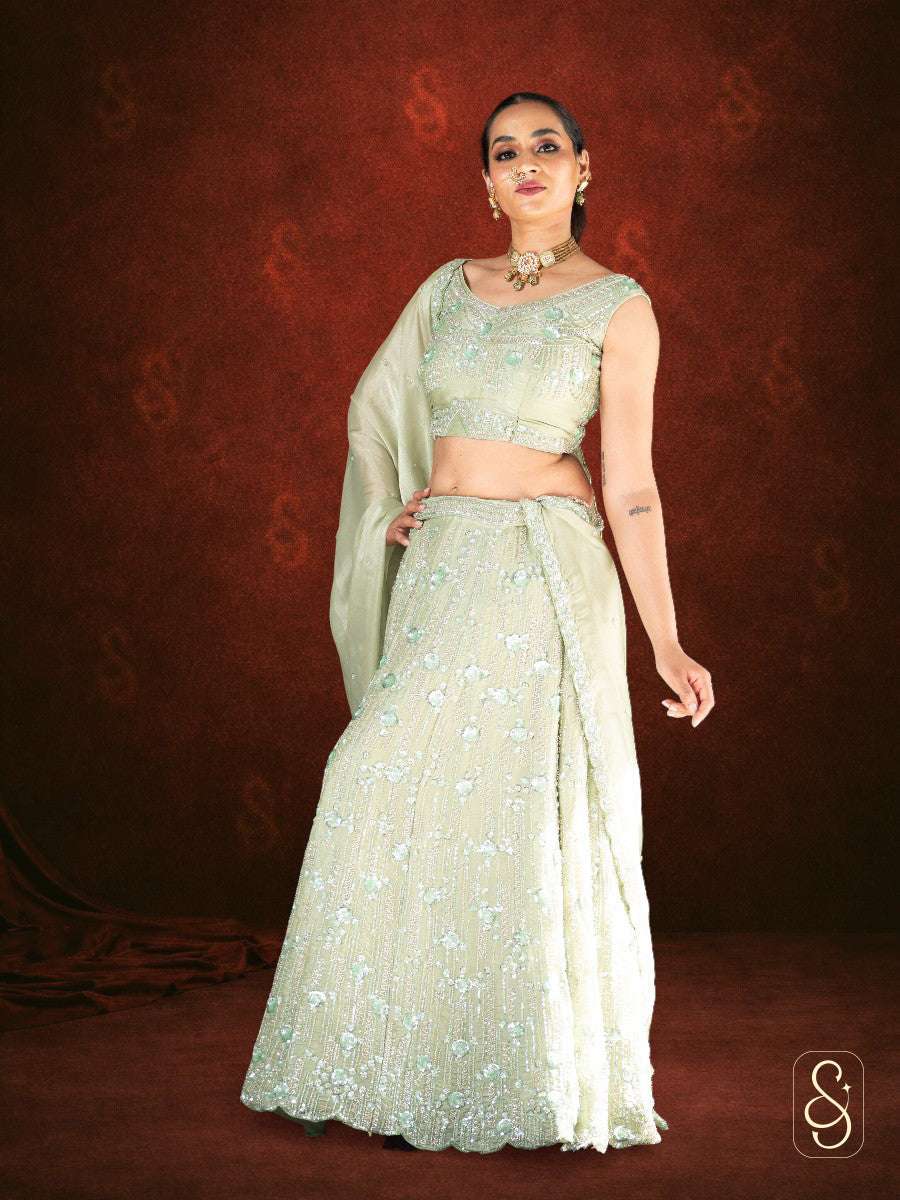 Green Tissue Silk Lehenga