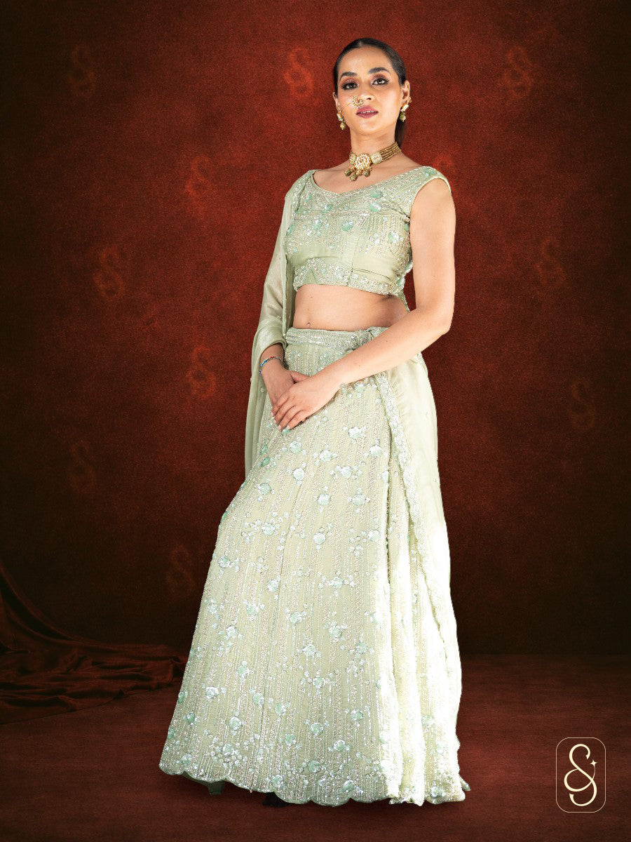 Green Tissue Silk Lehenga