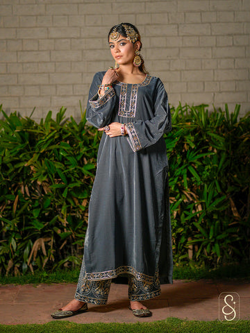 Grey Velvet Hand Embroidered Suit