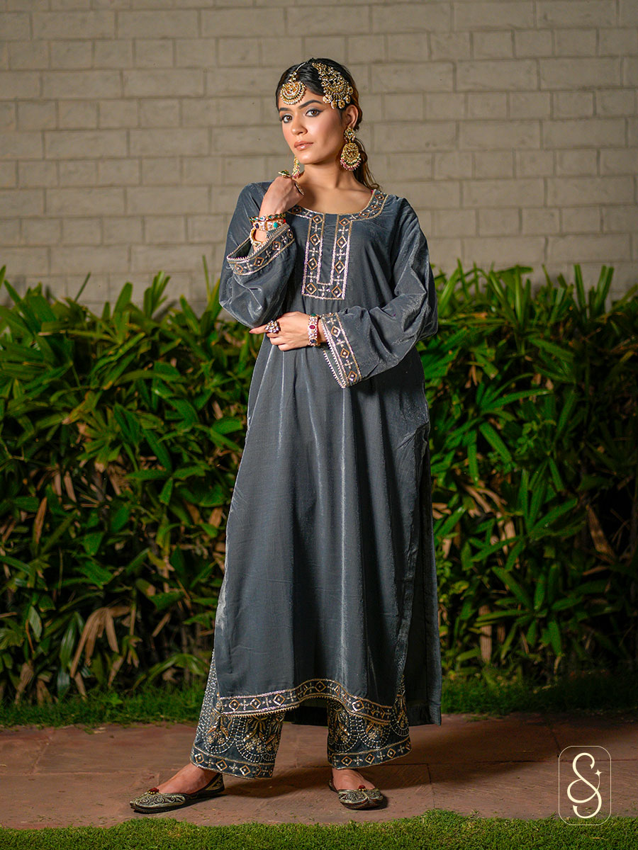 Grey Velvet Hand Embroidered Suit