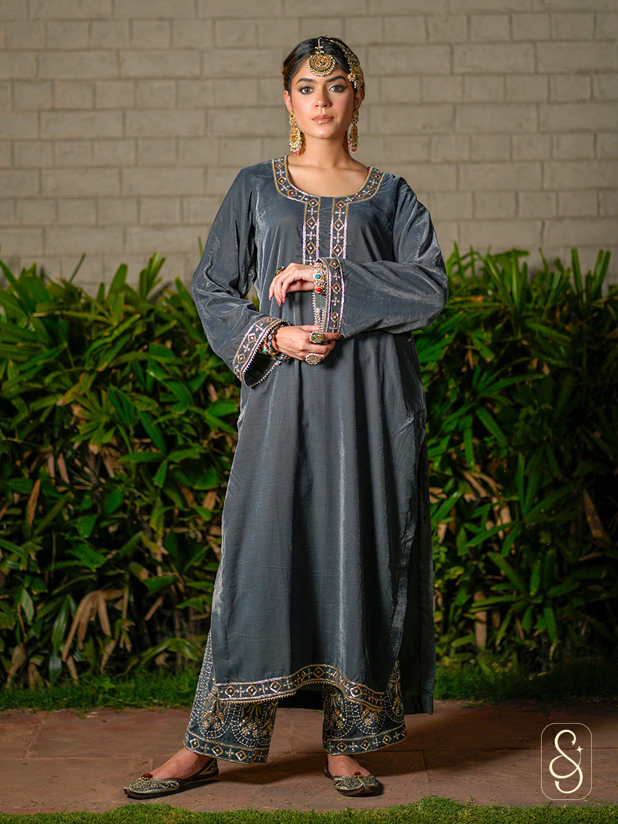 Grey Velvet Hand Embroidered Suit