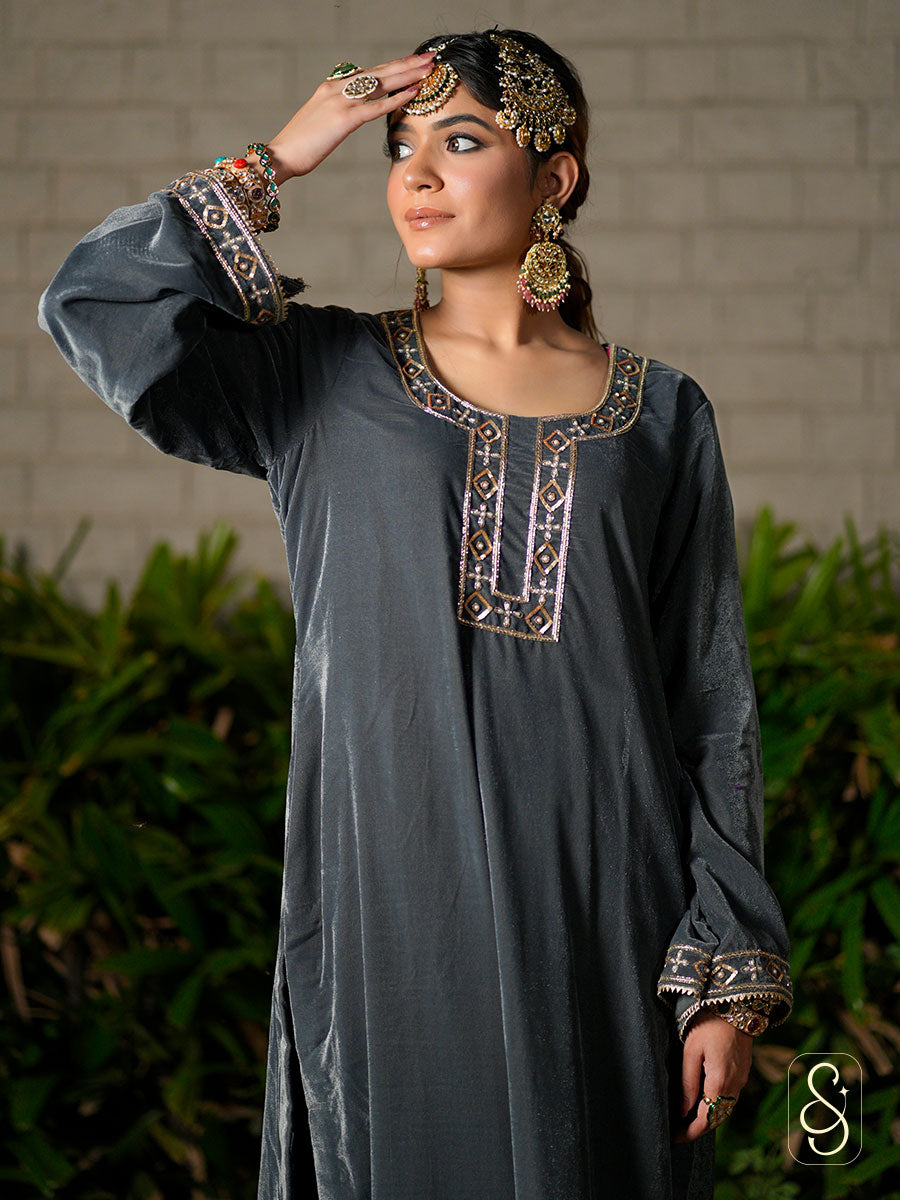 Grey Velvet Hand Embroidered Suit