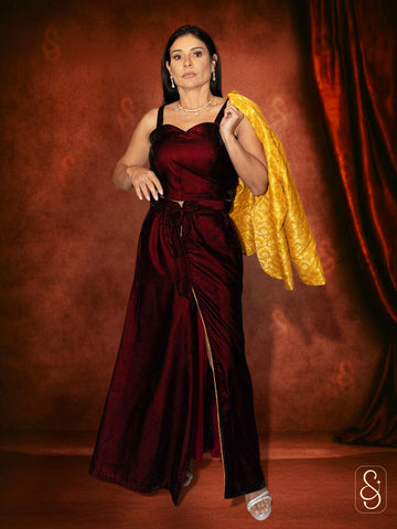 Maroon Velvet Skirt and Brocade Jacket Set
