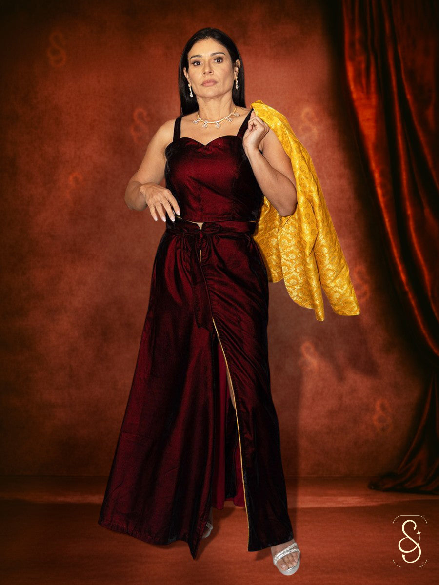 Maroon Velvet Skirt and Brocade Jacket Set
