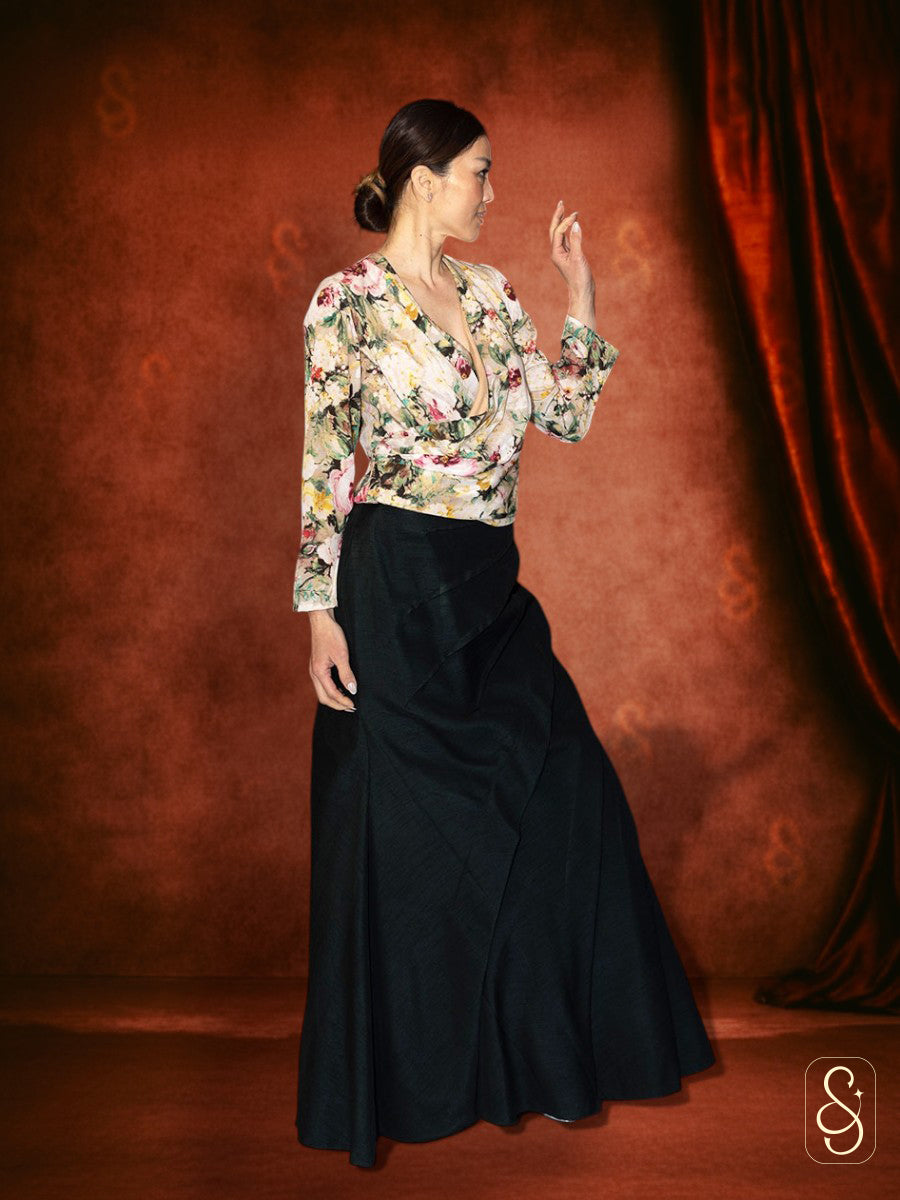 Fish Cut Skirt Printed Top in Raw Silk