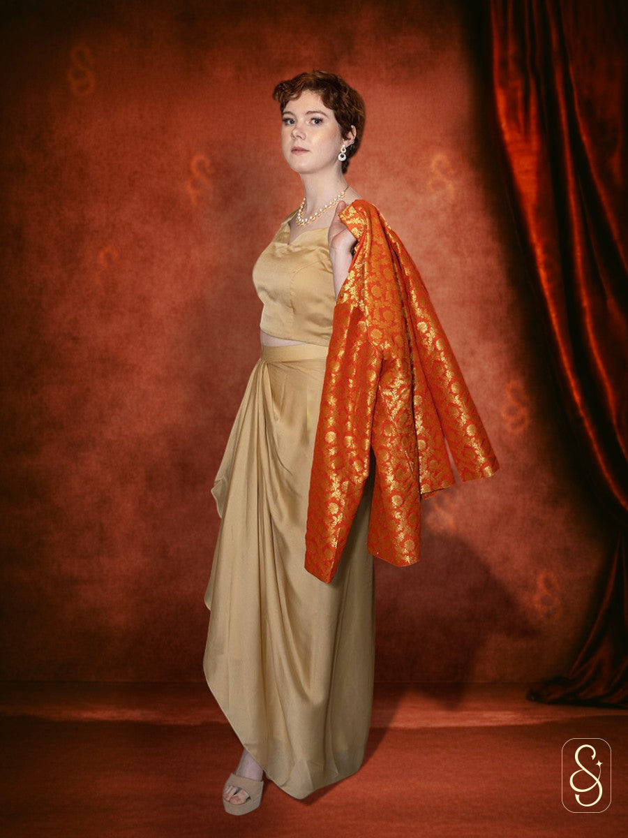 Golden Drape Skirt and Top with Orange Banarasi Coat