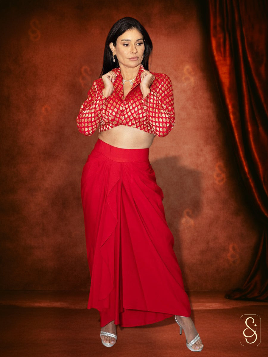 Red Drape Skirt with Banarasi Top
