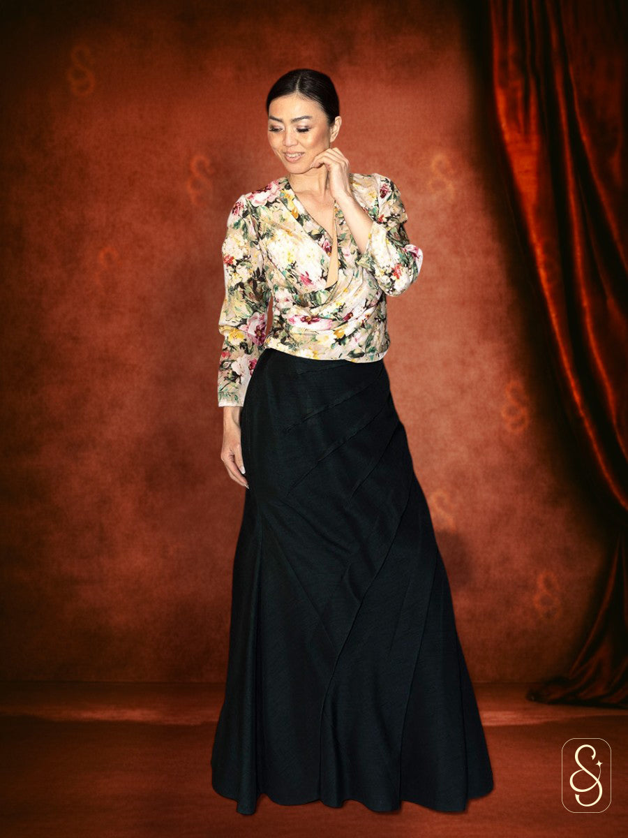 Fish Cut Skirt Printed Top in Raw Silk