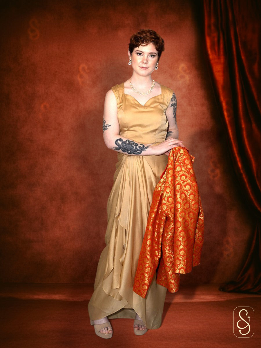 Golden Drape Skirt and Top with Orange Banarasi Coat
