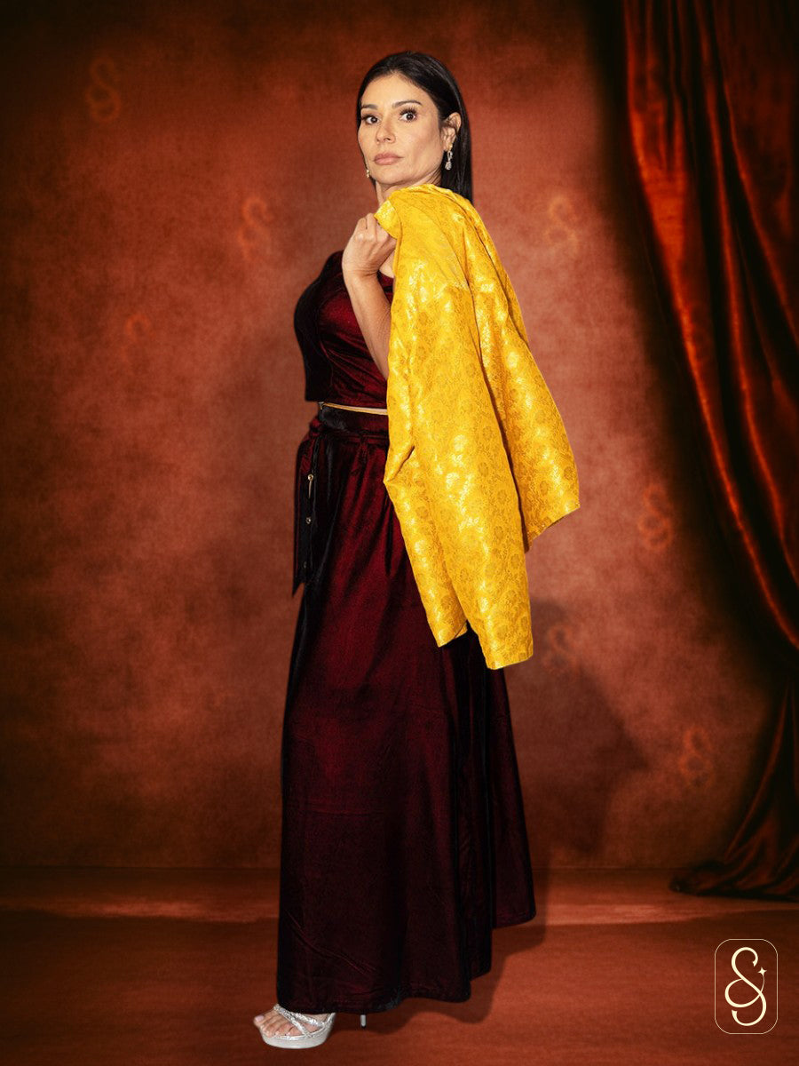 Maroon Velvet Skirt and Brocade Jacket Set