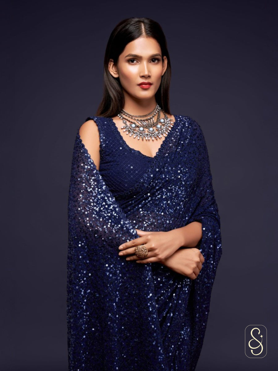 Midnight Sapphire Sparkle Drape Saree