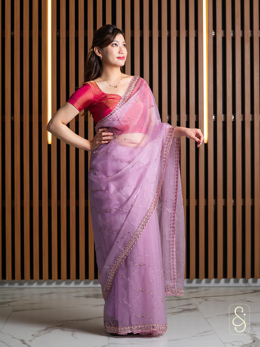 Lavender Organza Embroidery Saree
