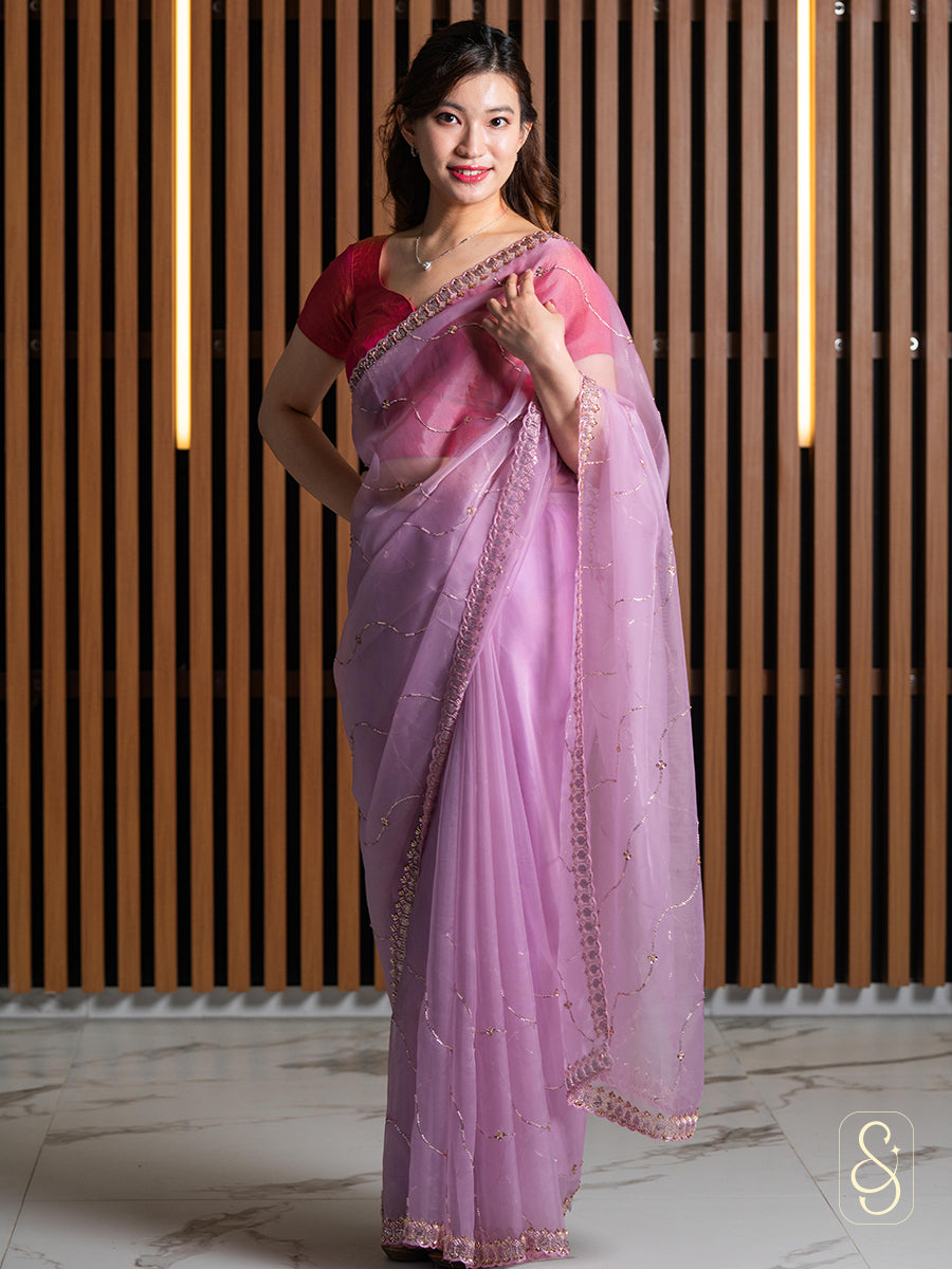 Lavender Organza Embroidery Saree
