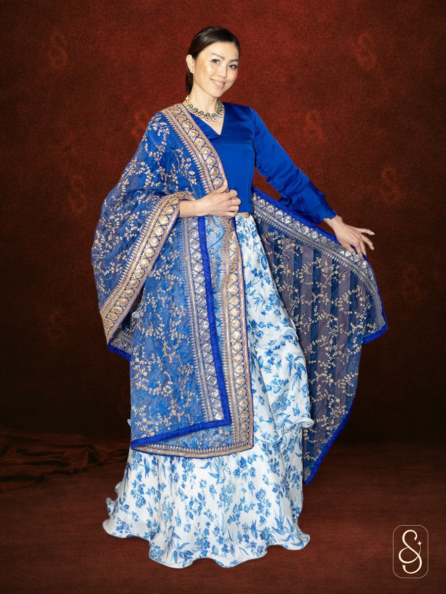 Light Blue Printed Frilled Satin Silk Lehenga