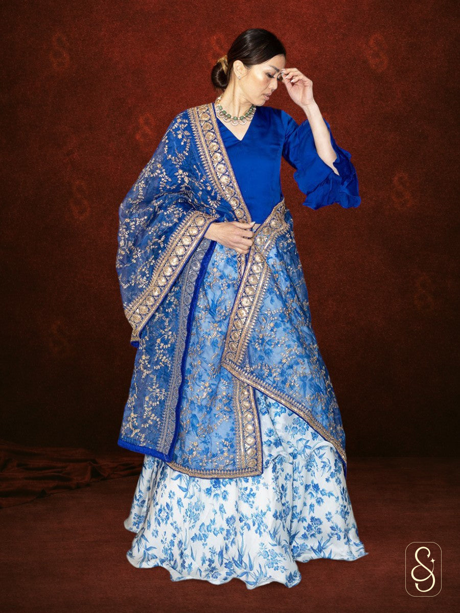 Light Blue Printed Frilled Satin Silk Lehenga