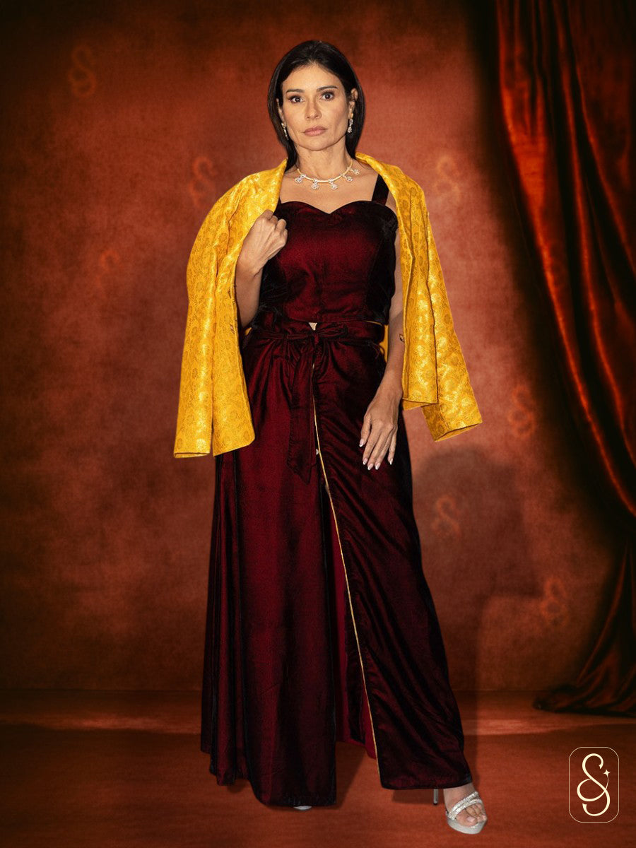 Maroon Velvet Skirt and Brocade Jacket Set