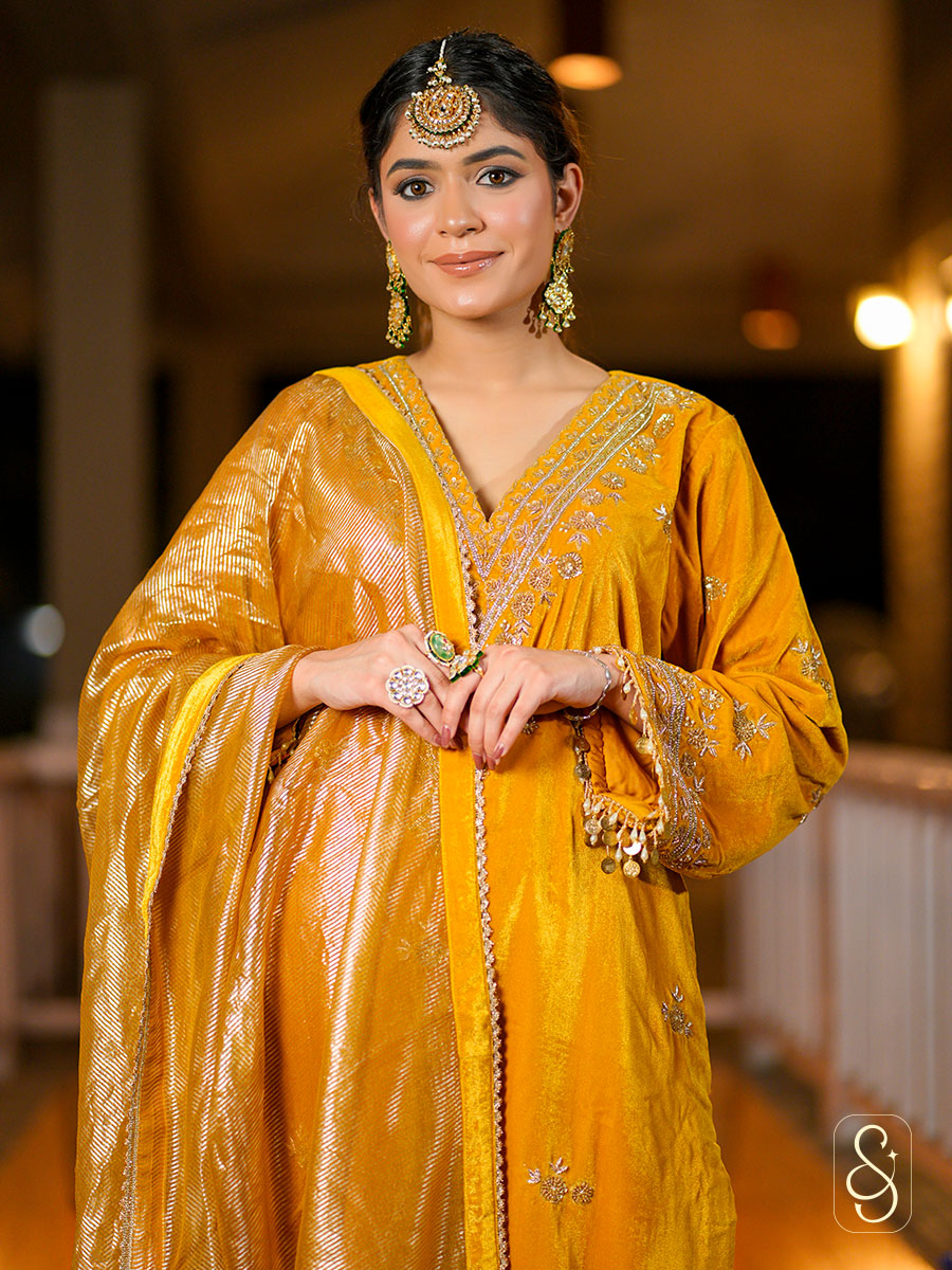 Mustard Velvet Hand Embroidered Suit