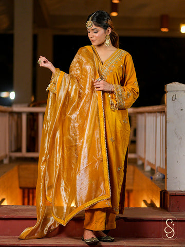Mustard Velvet Hand Embroidered Suit