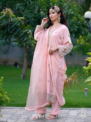 Peach Velvet Hand Embroidered Suit