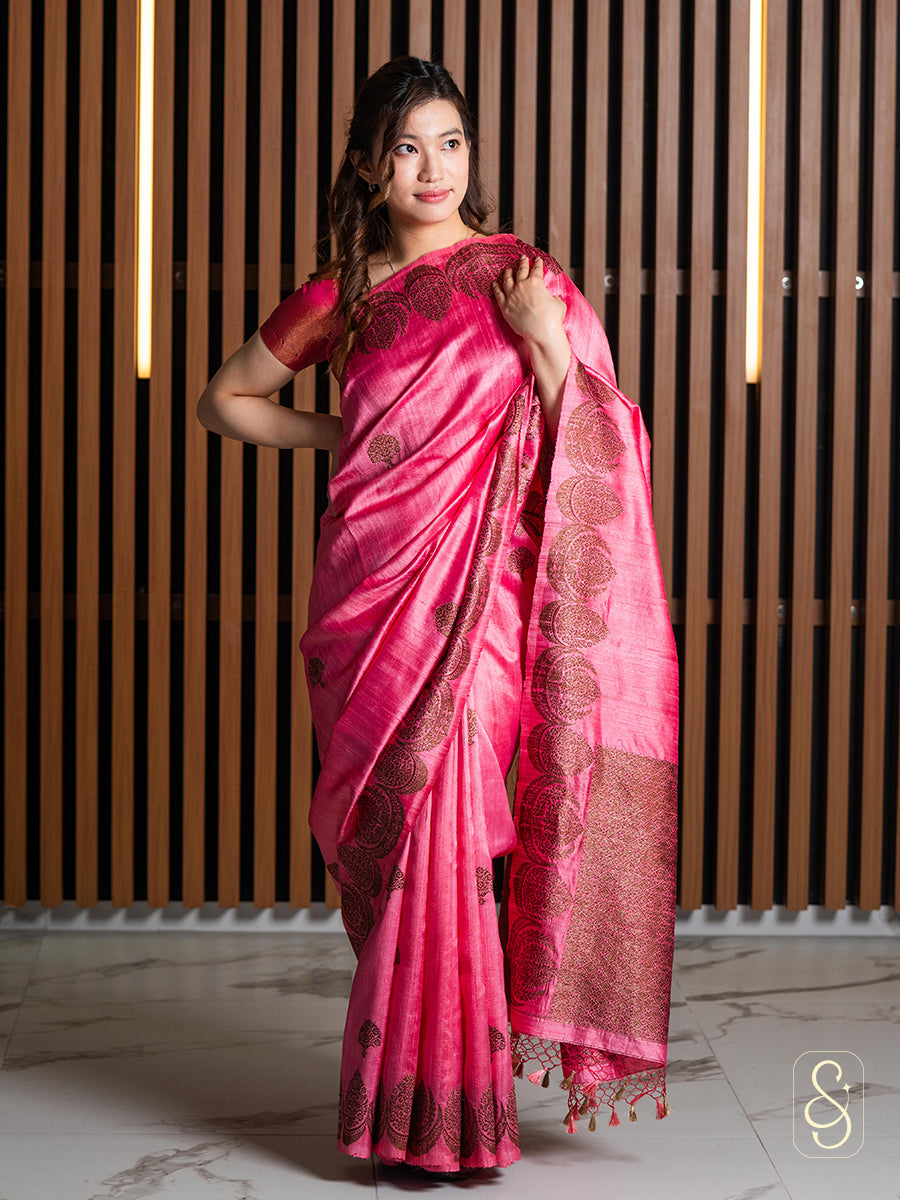 Peachy Pink Raw Silk Saree